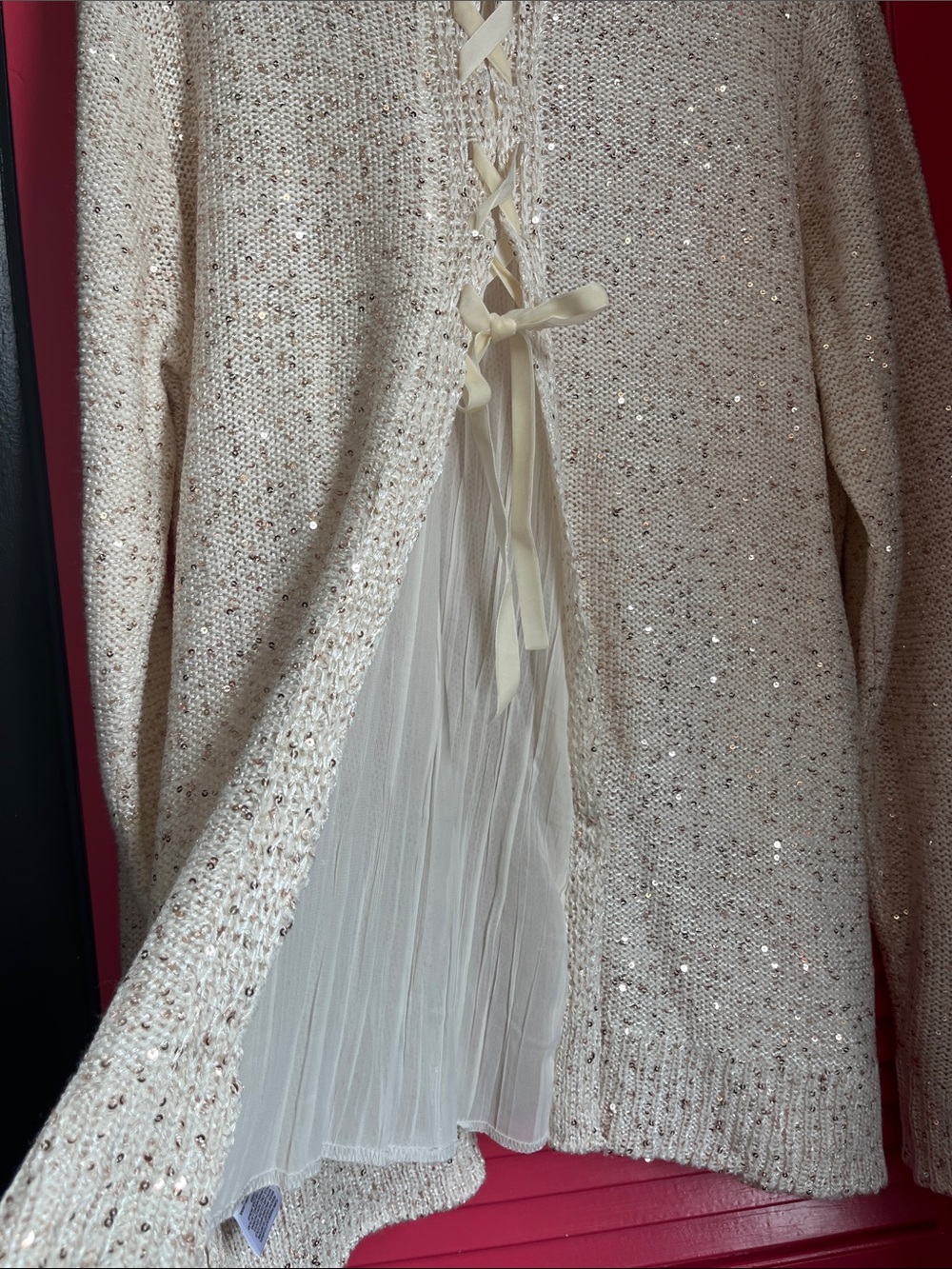 Time and Tru Cream Sequin Knit Sweater with Chiffon Back Tie
